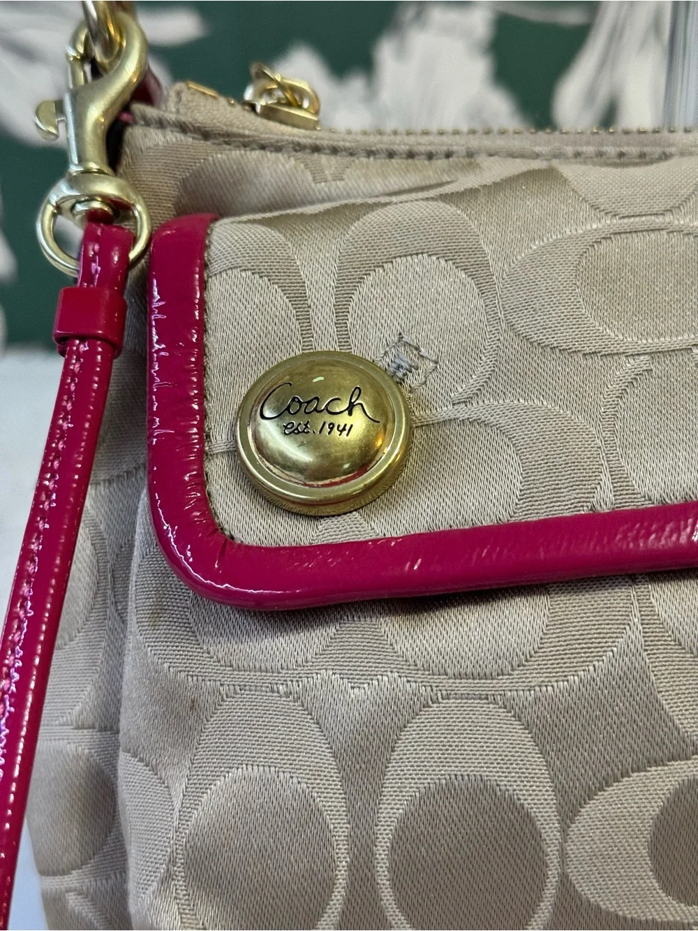 Coach Rare Poppy Tan Signature Canvas Crossbody with Pink Trim EUC